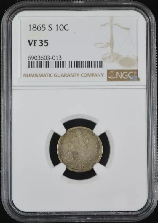 1865-S Seated Liberty Dime VF35 NGC Better Date