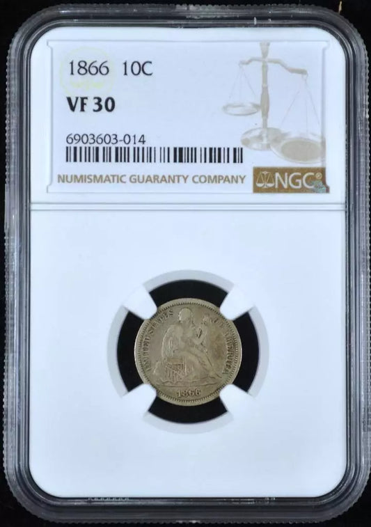 1866 Seated Liberty Dime VF30 NGC Key Date