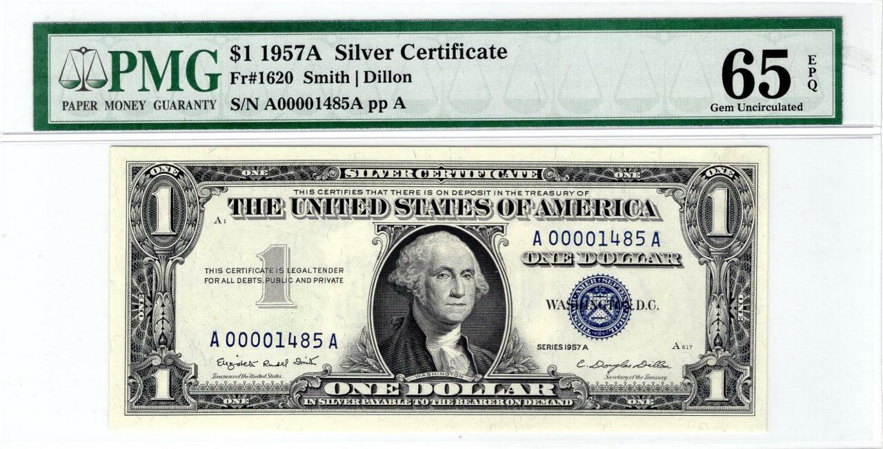 Fr. 1620 $1.00 1957A Silver Certificate PMG Gem Uncirculated 65 EPQ 4 Digit SN