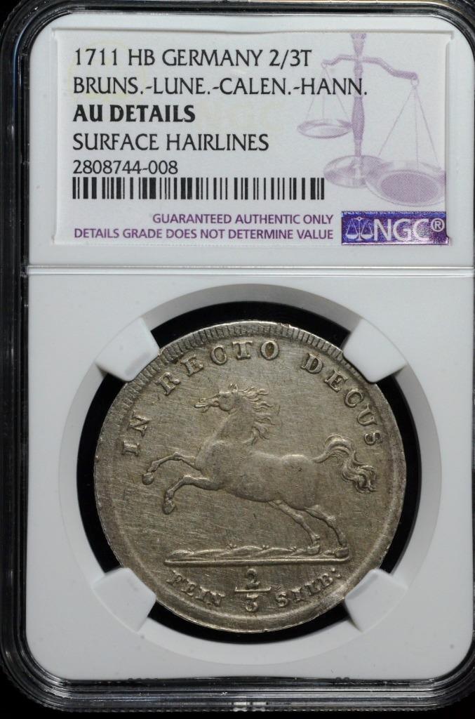 1711 HB German States 2/3 Thaler Bruns-Lune-Calen- Hann, NGC AU Details, KM 48