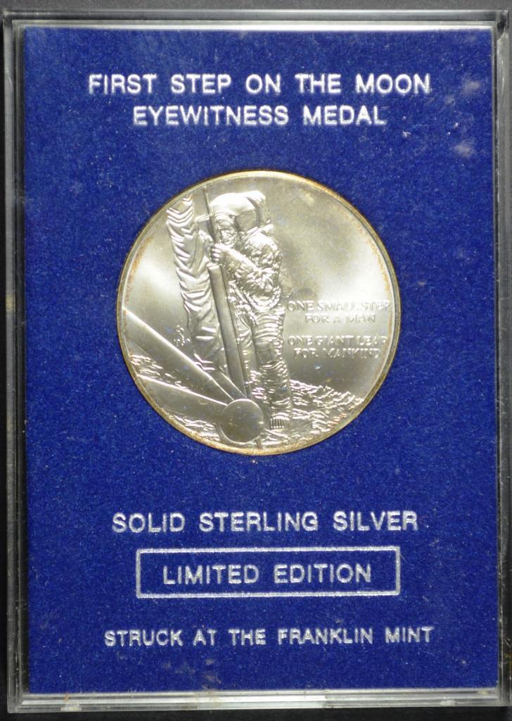 1969 First Step on the Moon Medal Sterling Franklin Mint, Original Packaging