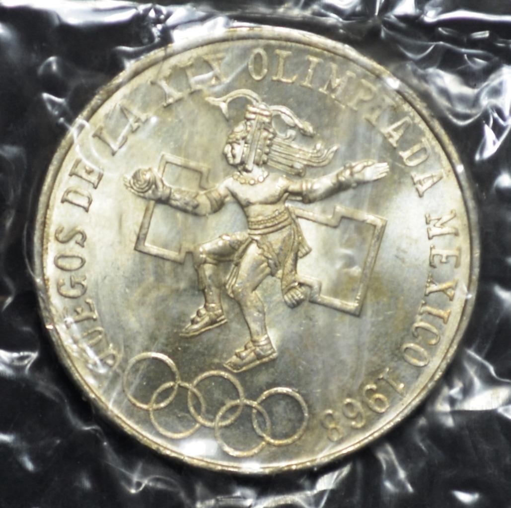 1968 Mexico City Mint, 25 Peso KM 479.1, 19th Summer Olympics, BU Mint Wrapper