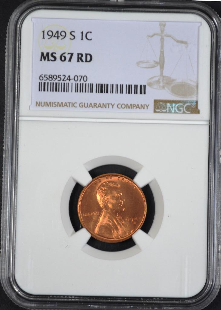 1949-S Lincoln Wheat Cent MS67RD Slabbed & Graded by NGC, Free Ship