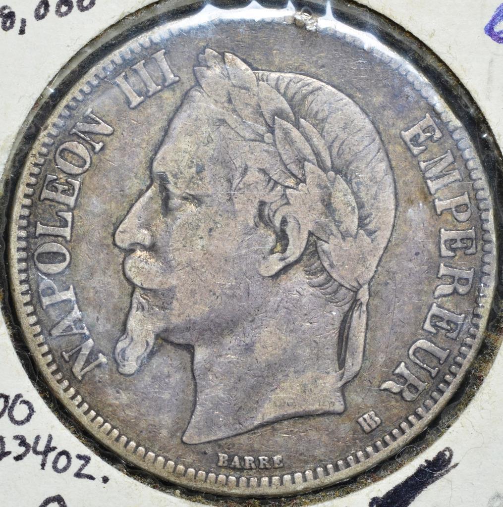 1869 BB France, Strasbourg, 5 Francs, 900 Silver, KM# 799.2, Ships Free