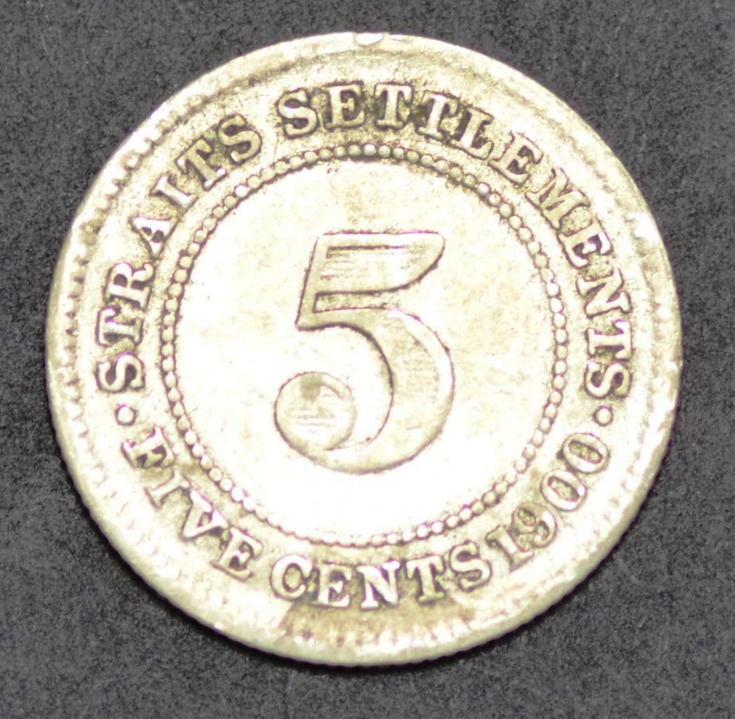 1900 H Straits Settlement, 5 Cents, KM# 10, Ships for Free