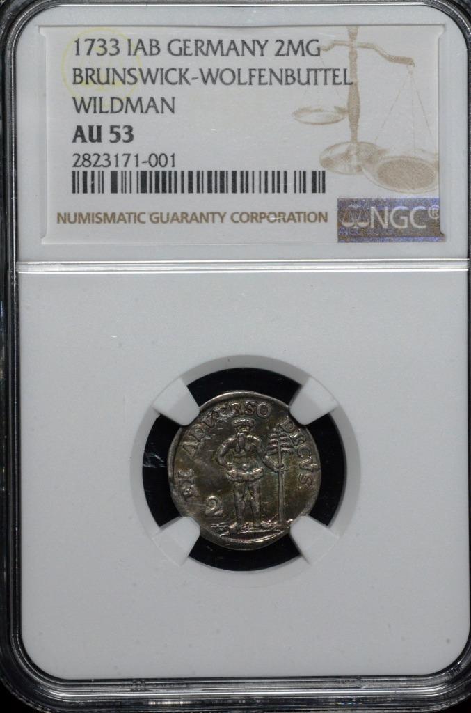 1733 IAB German States Brunswick-Wolfenbuttel 2 Mariengroschen Wildman AU53 NGC