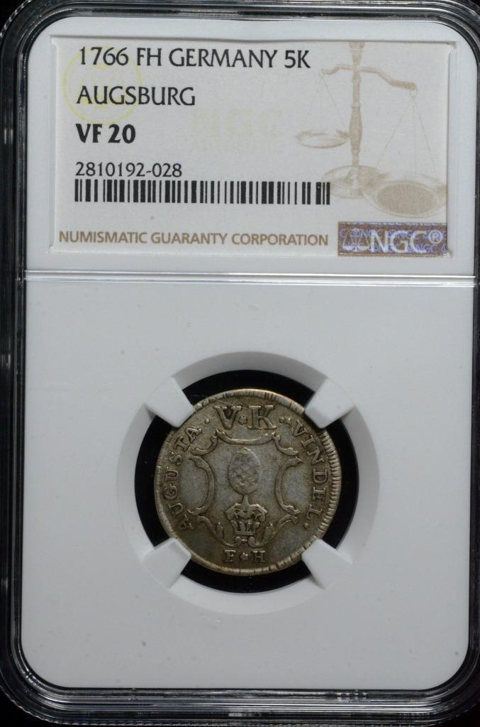 1766 FH German States 5 Kreuzer Augsburg, NGC VF 20, KM 186
