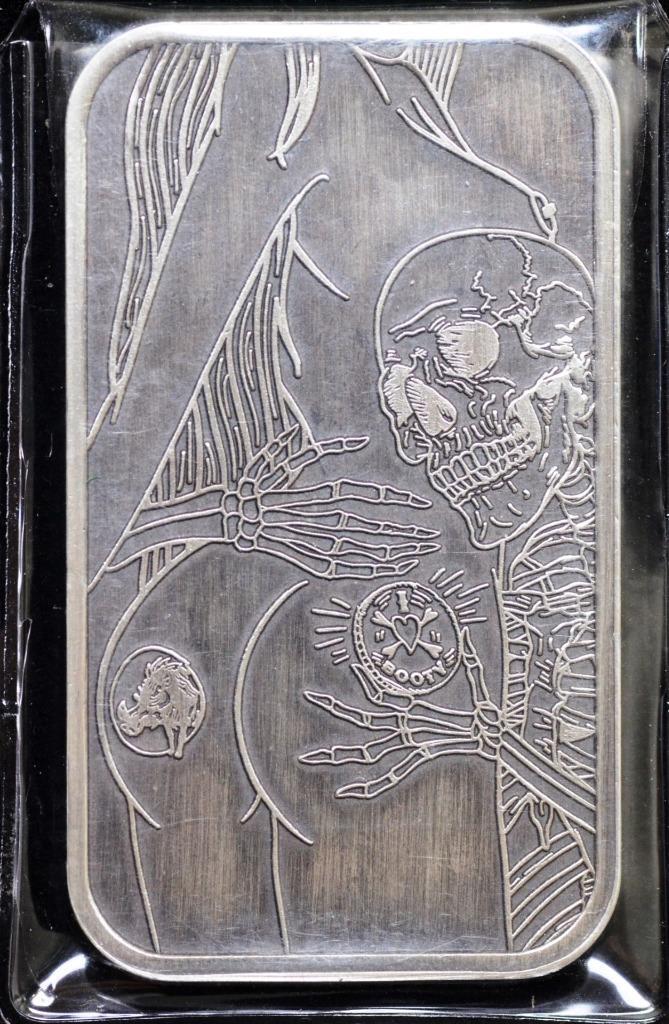 I LOVE BOOTY Wildpig 1oz .999 Silver Antiqued Finish Art Bar Pirate Skull