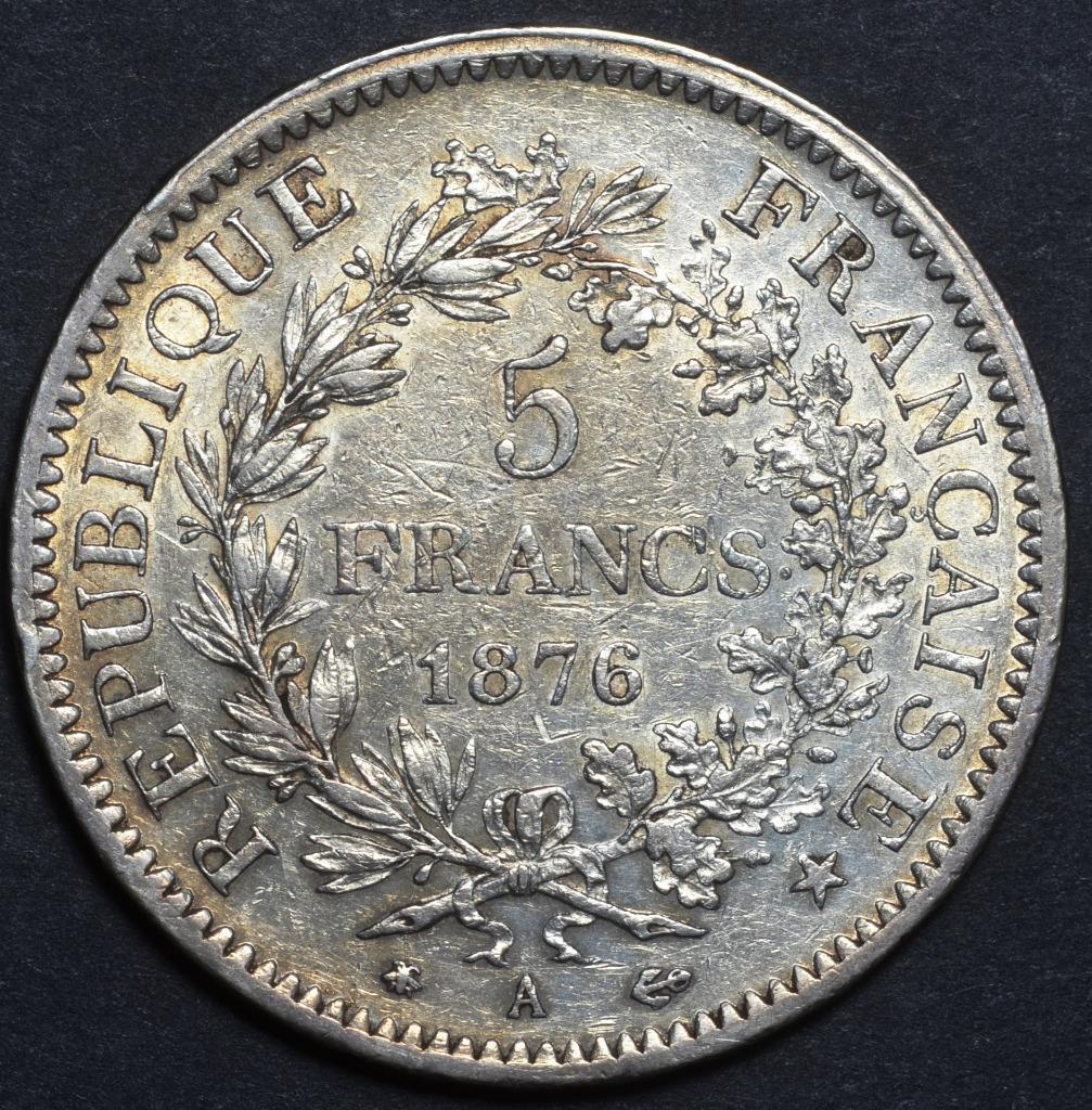 1876 A France, Paris, 5 Francs, 900 Silver, KM# 820.1, Ships Free