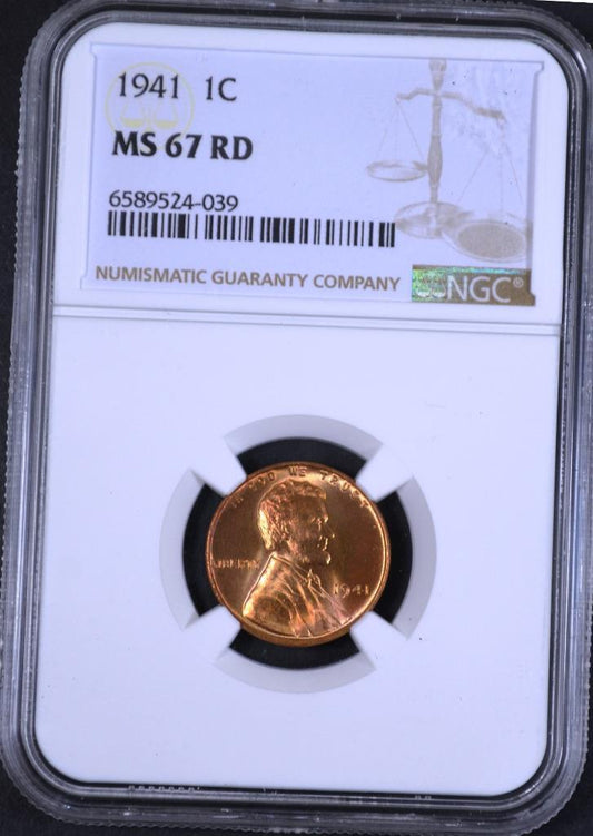 1941 Lincoln Wheat Cent MS67RD Slabbed & Graded by NGC, Free Ship