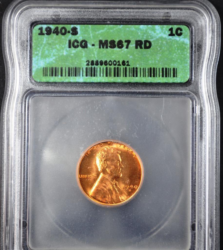 1940-S Lincoln Wheat Cent MS67RD Slabbed & Graded by ICG, Free Ship