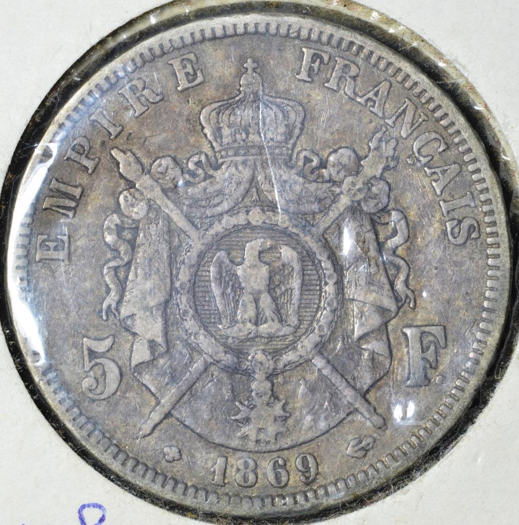 1869 BB France, Strasbourg, 5 Francs, 900 Silver, KM# 799.2, Ships Free