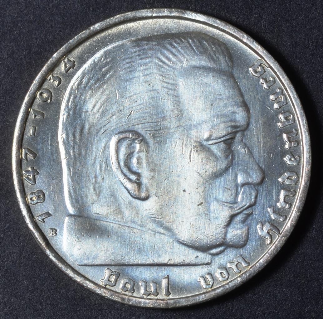 1938 B, Germany, 2 Reichsmark, Paul von Hindenburg, KM# 93, Ships for Free