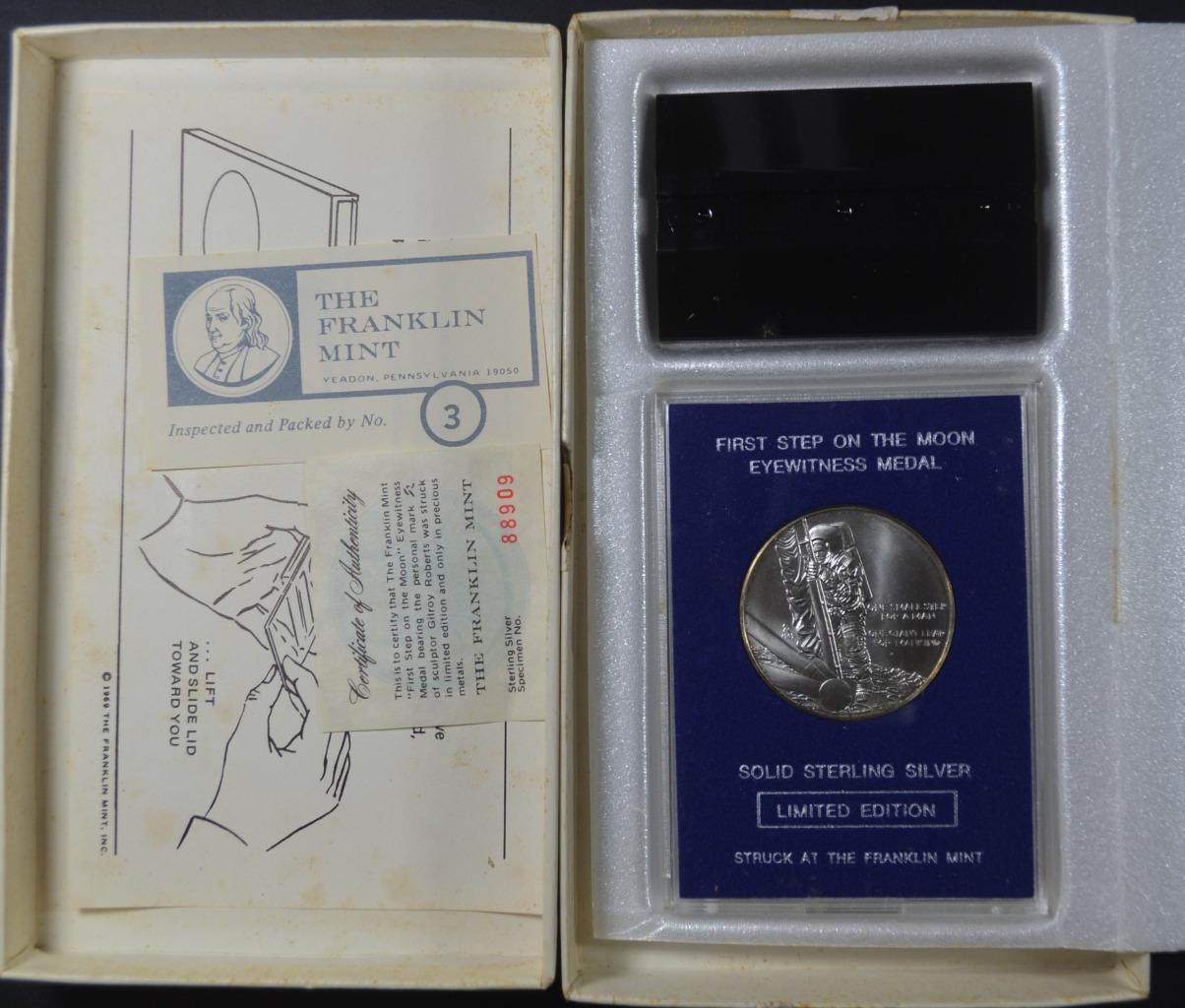 1969 First Step on the Moon Medal Sterling Franklin Mint, Original Packaging