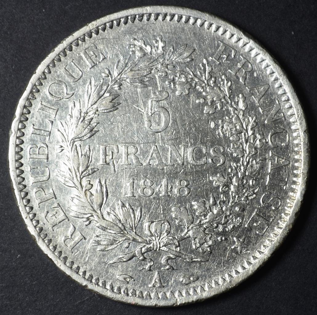 1848 A France, Paris, 5 Francs, 900 Silver, KM# 756.1, Ships Free