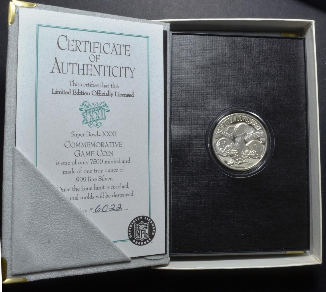 Patriots vs Packers, 1996 Super Bowl XXXI, Art Round, 1oz 999 Fine Silver