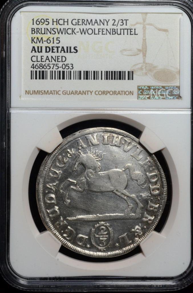 1695 HCH German States 2/3 Thaler Brunswick-Wolfenbuttel, NGC AU Details, KM 615