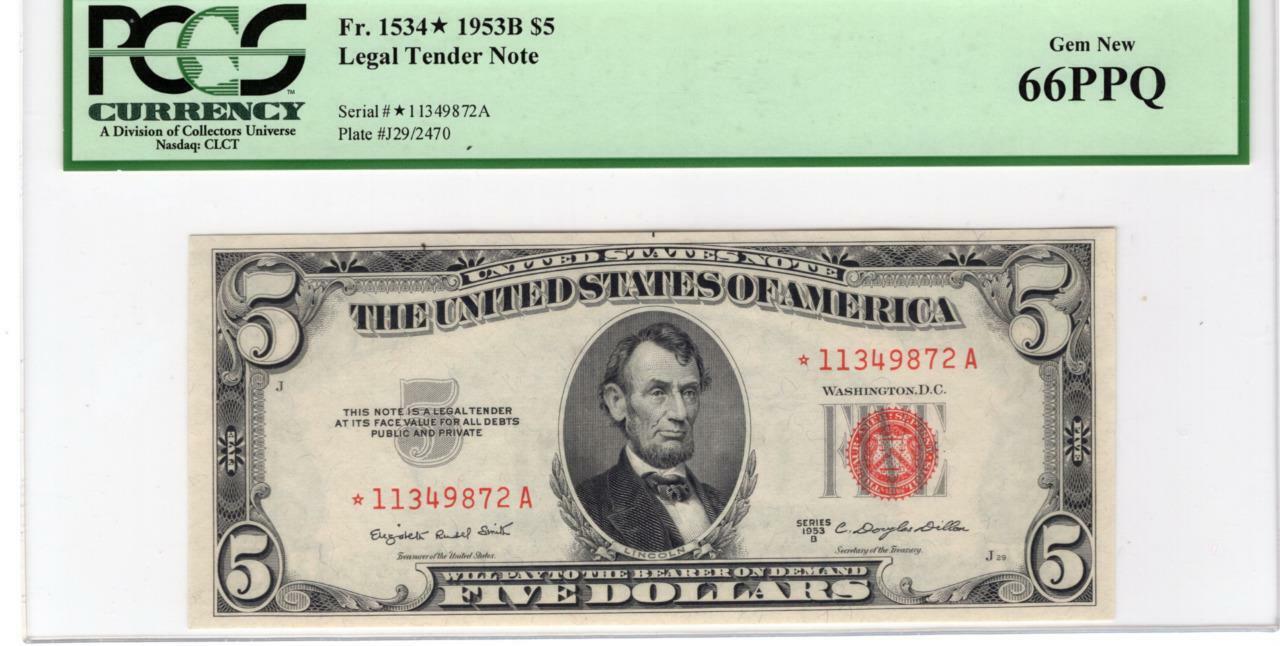 1953B $5.00 Star Legal Tender Fr. 1534* Gem New 66 PCGS
