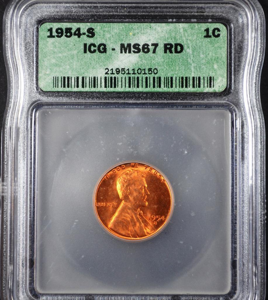 1954-S Lincoln Wheat Cent MS67RD Slabbed & Graded by ICG, Free Ship