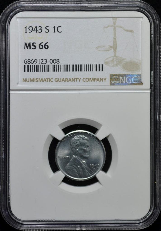 1943-S Lincoln Wheat Cent MS66, Slabbed & Graded by NGC, Free Ship