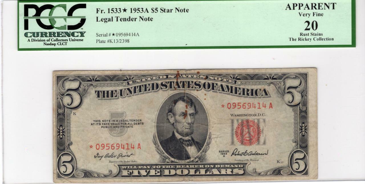 1953a $5.00 Star Legal Tender Fr. 1533* Very Fine 20 Apparent PCGS