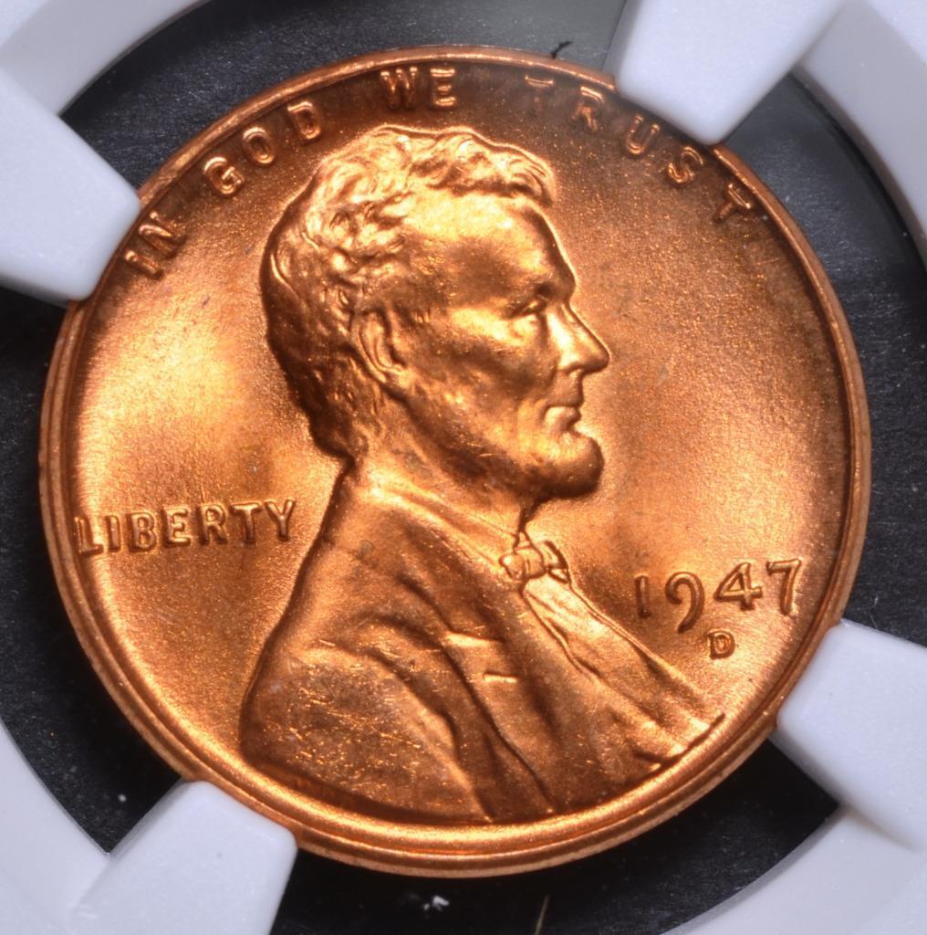 1947 D Lincoln Wheat Cent MS67 Slabbed & Graded by NGC, Free Ship