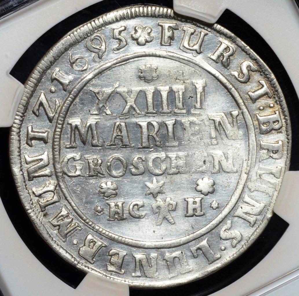 1695 HCH German States 2/3 Thaler Brunswick-Wolfenbuttel, NGC AU Details, KM 615