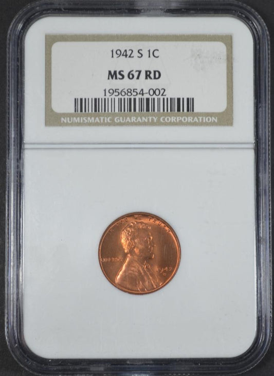 1942-S Lincoln Wheat Cent MS67RD Slabbed & Graded by NGC, Free Ship