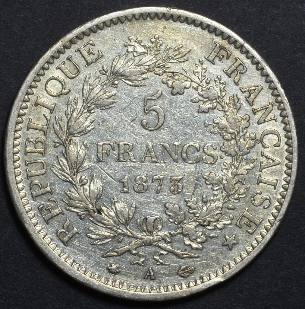 1873 A France, Paris, 5 Francs, 900 Silver, KM# 820.1, Ships Free