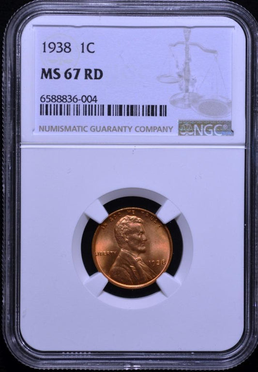1938 Lincoln Wheat Cent MS67RD Slabbed & Graded by NGC, Free Ship