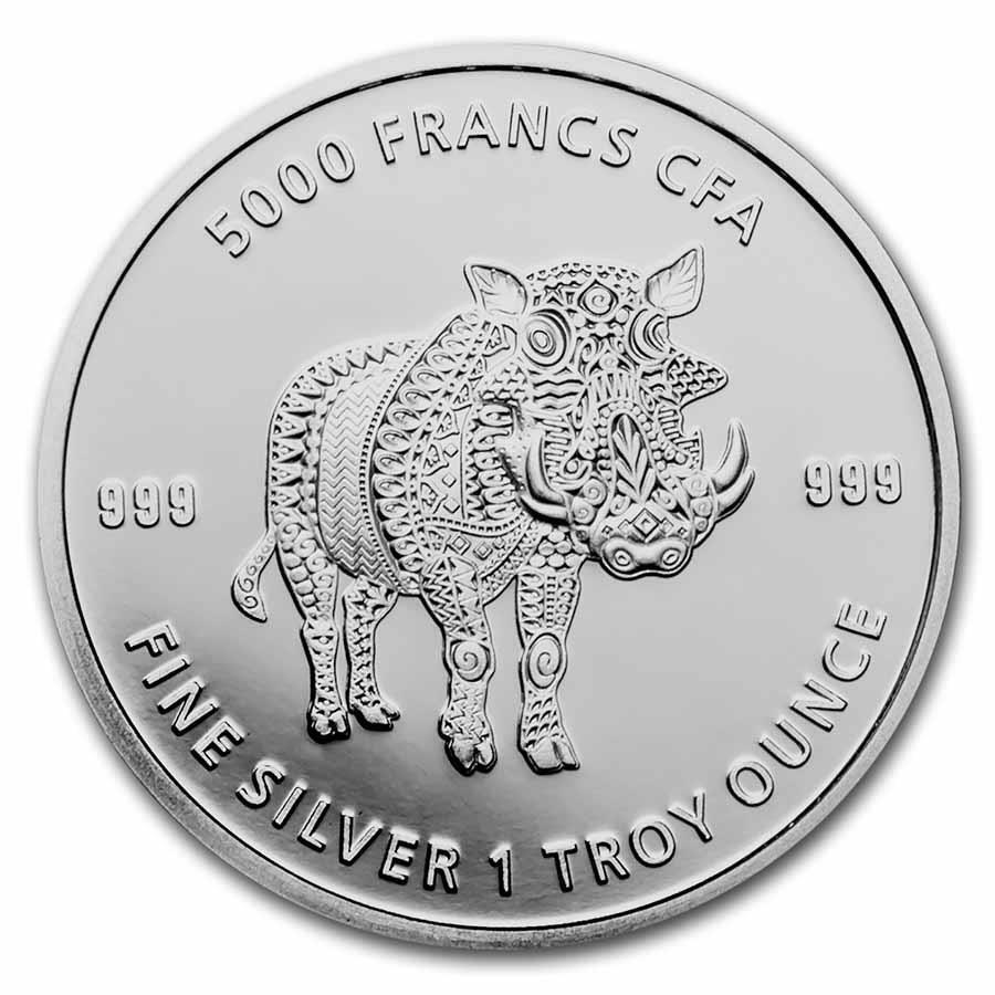 2021 Republic of Chad 1 oz Silver Mandala Animals: Warthog, 5000 Francs, KM# 131