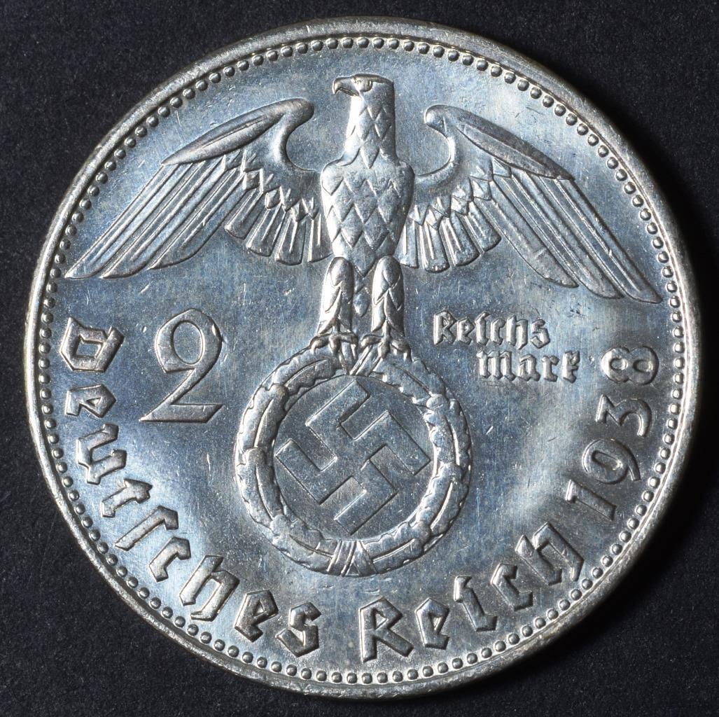 1938 B, Germany, 2 Reichsmark, Paul von Hindenburg, KM# 93, Ships for Free