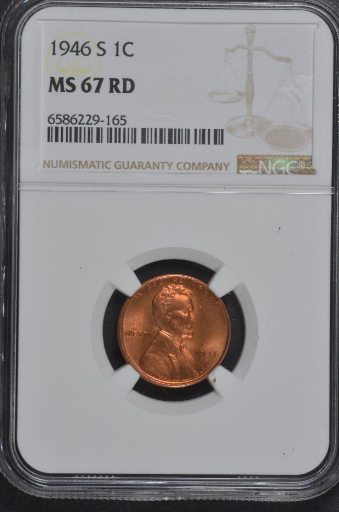 1946-S Lincoln Wheat Cent MS67RD Slabbed & Graded by NGC, Free Ship