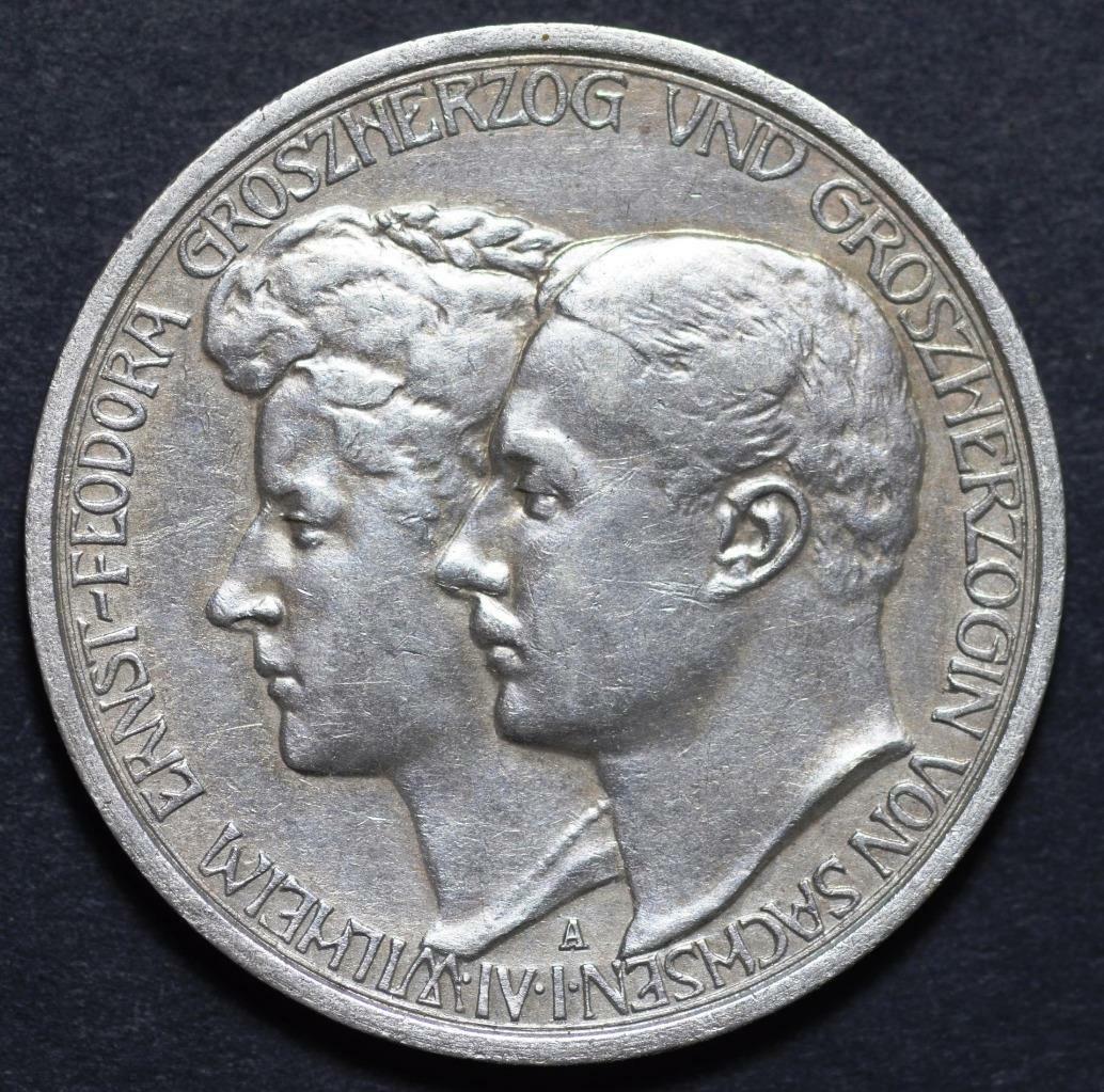 1910 A German States Saxe Weimar Eisenhach Wilhelm Ernst Duke's Marriage, 3 Mark