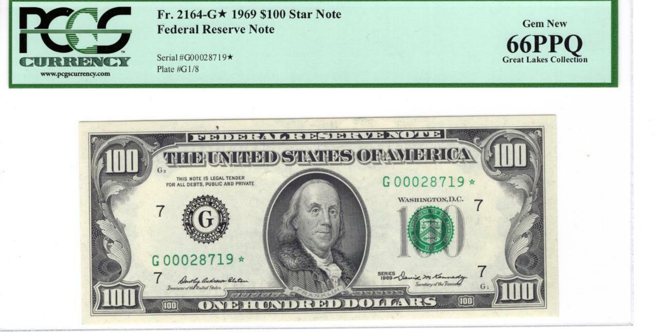 1969 $100.00 Fed Res star Note Fr. 2164-G* 66 PPQ PCGS