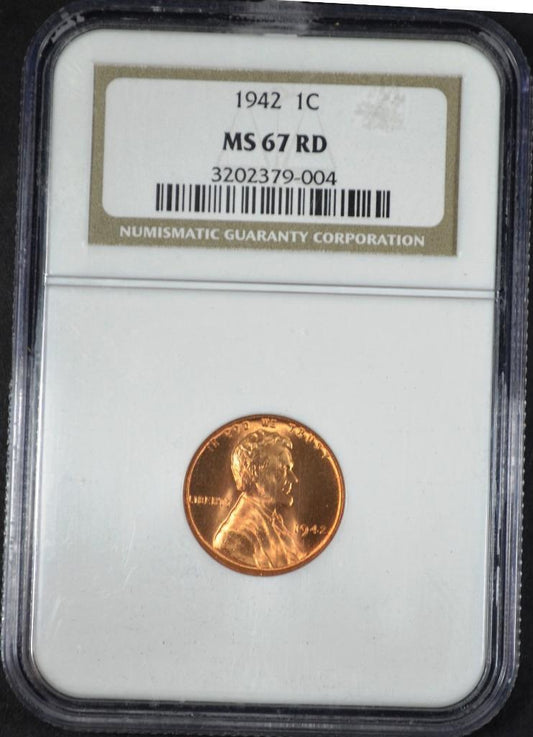 1942 Lincoln Wheat Cent MS67RD Slabbed & Graded by NGC, Free Ship