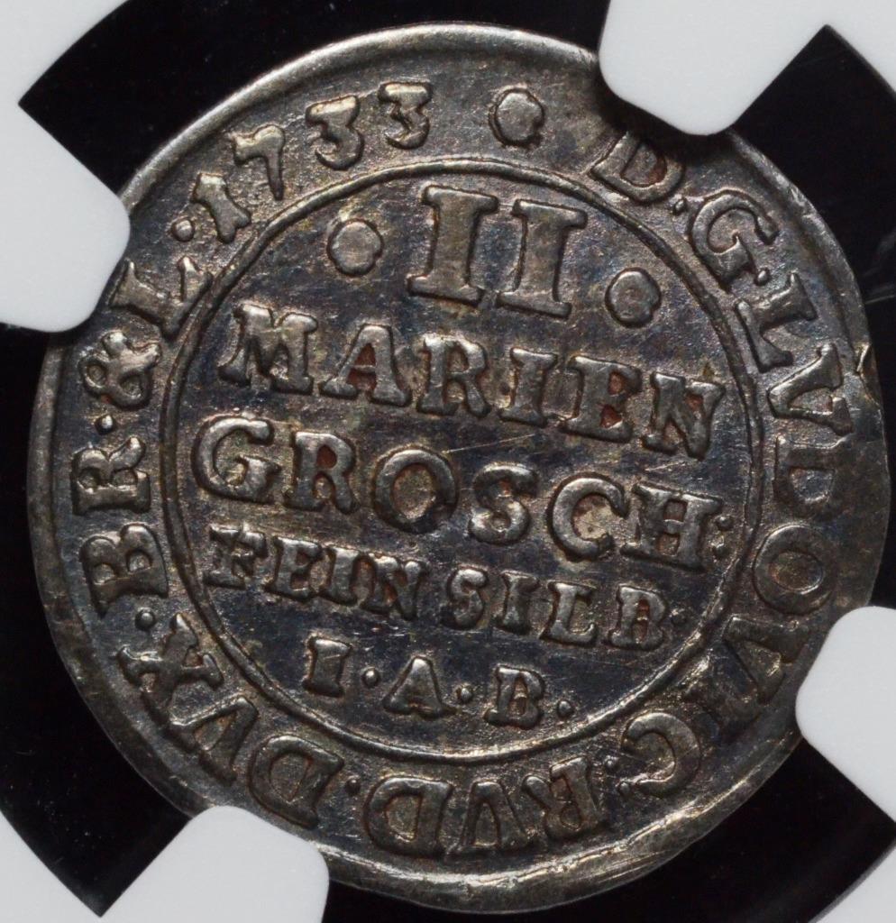 1733 IAB German States Brunswick-Wolfenbuttel 2 Mariengroschen Wildman AU53 NGC