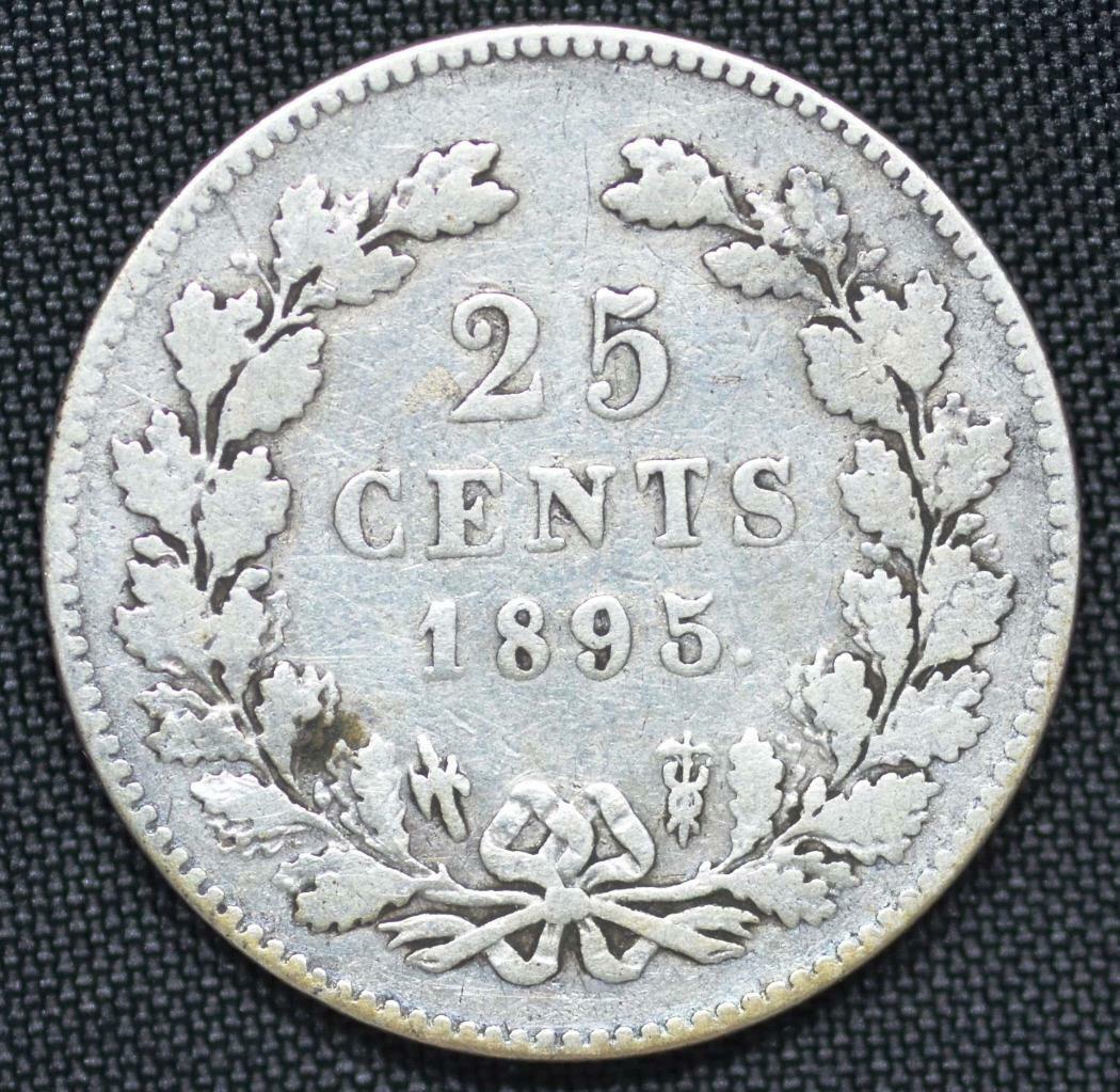 1895 Netherlands 25 Cents, KM 115, Slanted Mintmark, Ships for Free!