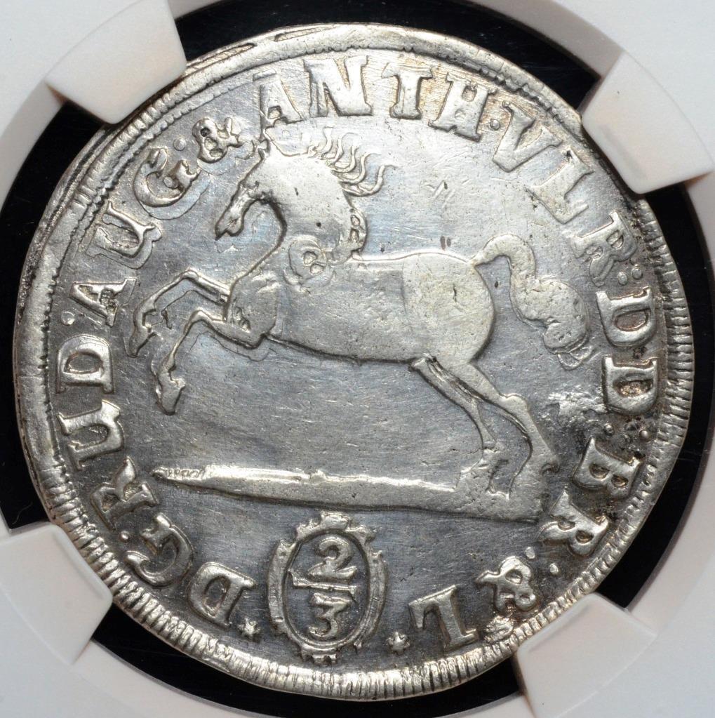 1695 HCH German States 2/3 Thaler Brunswick-Wolfenbuttel, NGC AU Details, KM 615