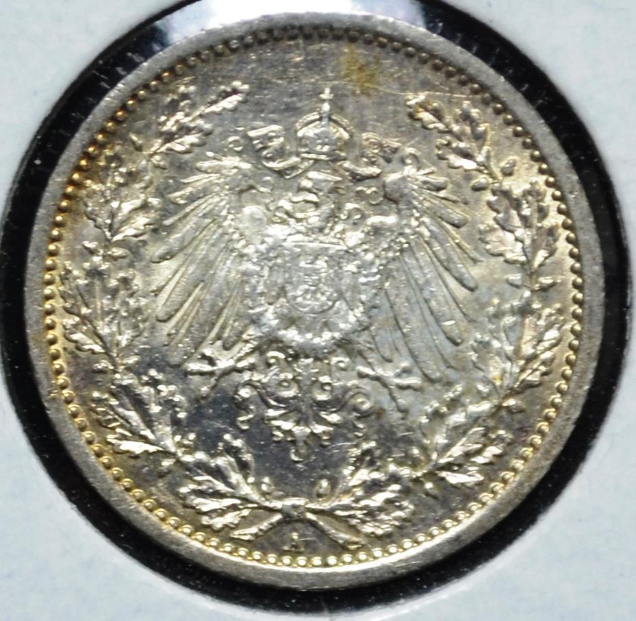 1912 A Germany, German Empire, 1/2 Mark, KM# 17, Berlin Mint, Ships for Free