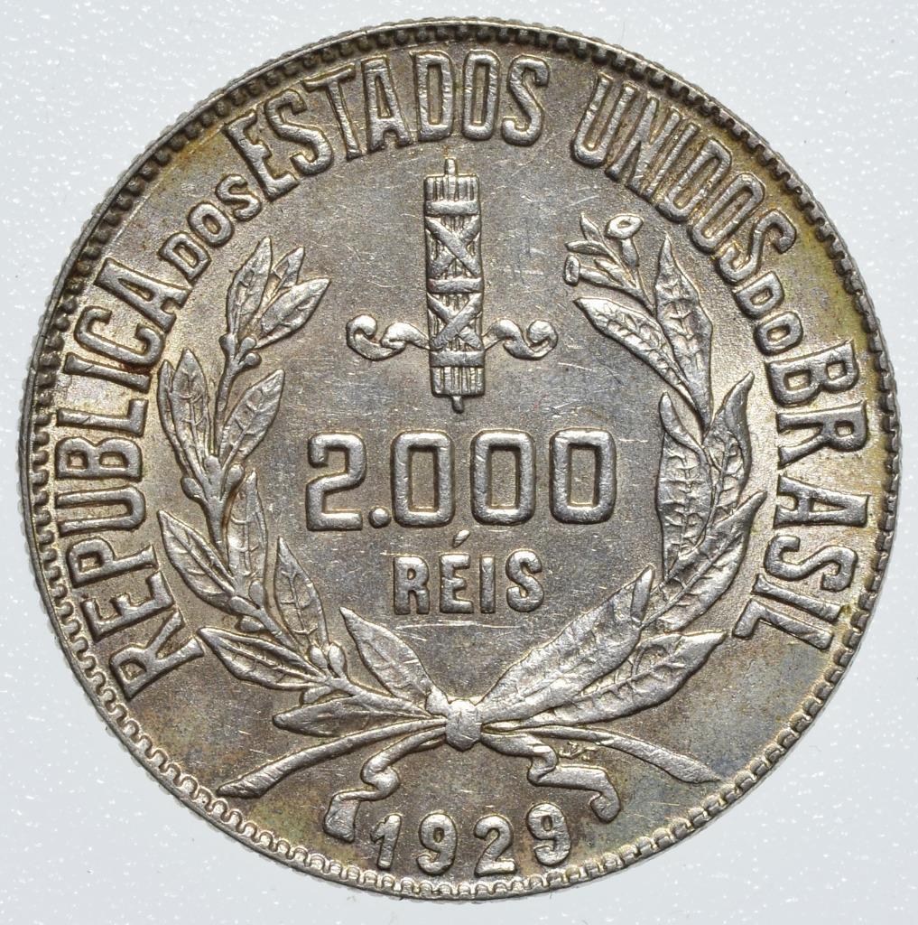 1929, Brazil, 2000 Reis, KM# 526, 500 Fine, Mintage 1,744,000, Ships for Free