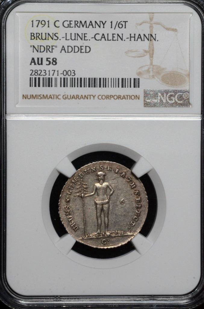1791, German States, Bruns-Lune-Calen-Hann 1/6 Thaler, Wildman, AU58 NGC