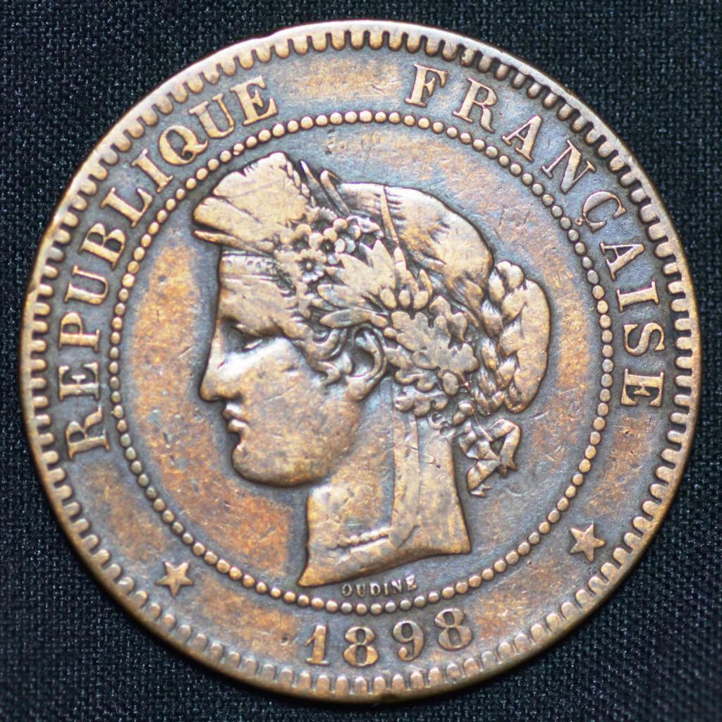 1898 A France, 10 Centimes, Bronze, KM# 815.1, Paris Mint, Ships for Free