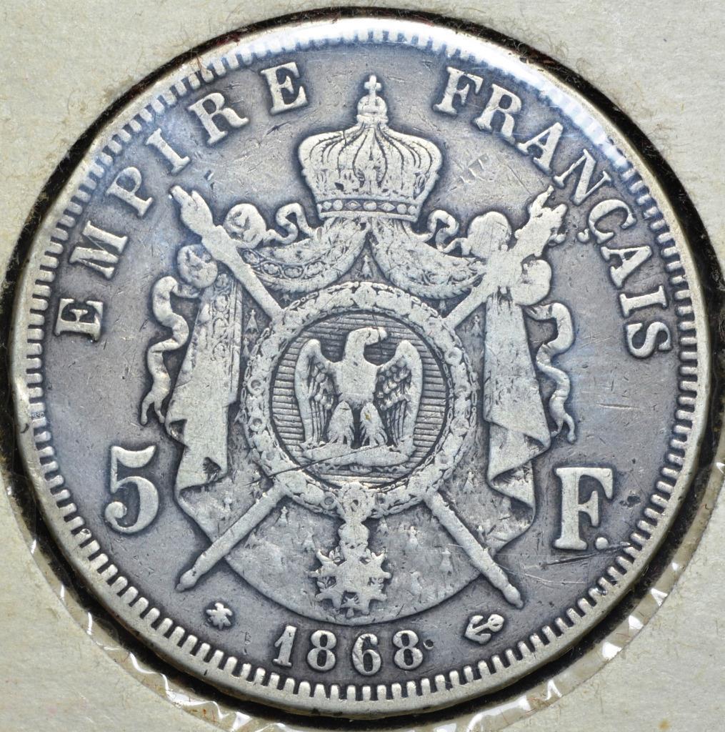 1868 A France, Paris, 5 Francs, 900 Silver, KM# 799.1, Ships Free