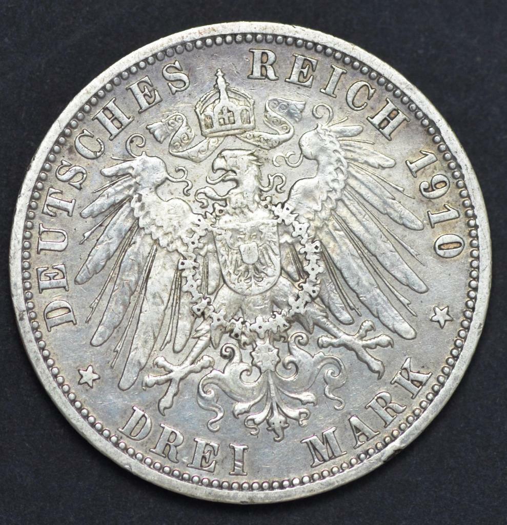 1910 A, German States Prussia 3 Mark KM #527, Ships for Free