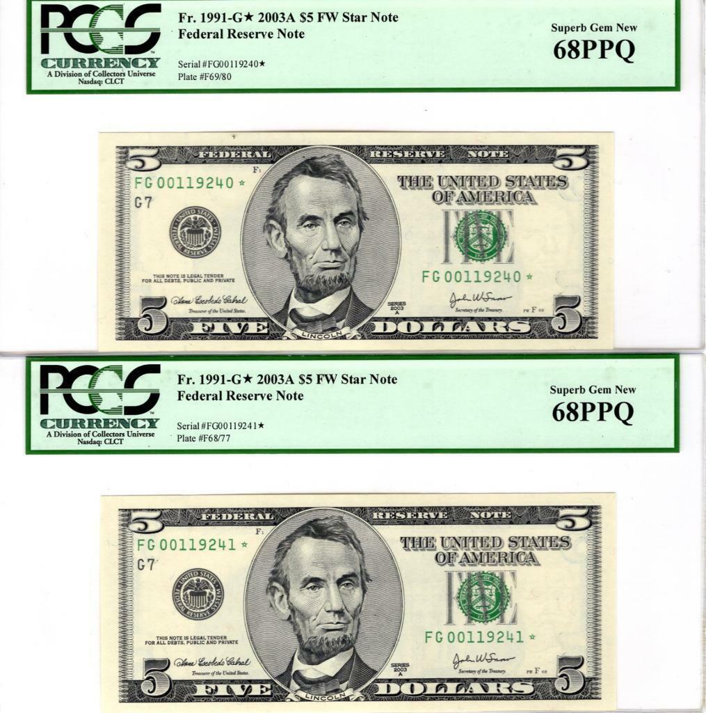 Fr. 1991-G* $5 2003A x2 FW Fed Res Star Note PCGS Superb Gem New 68 PPQ Con SN