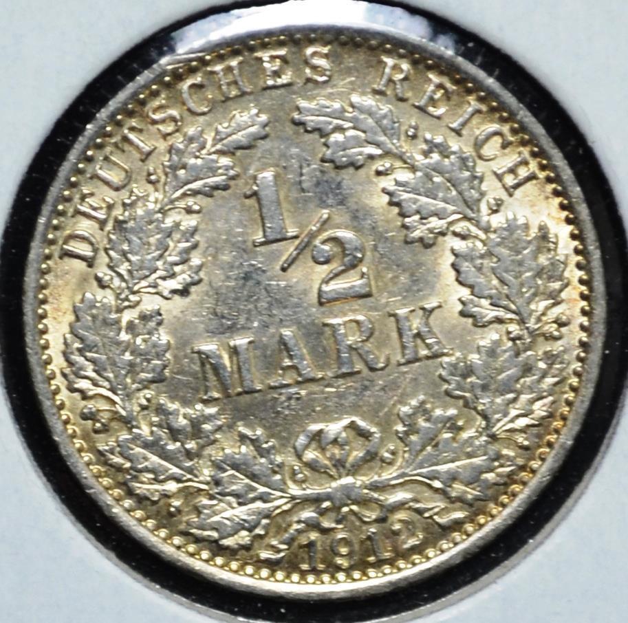 1912 A Germany, German Empire, 1/2 Mark, KM# 17, Berlin Mint, Ships for Free