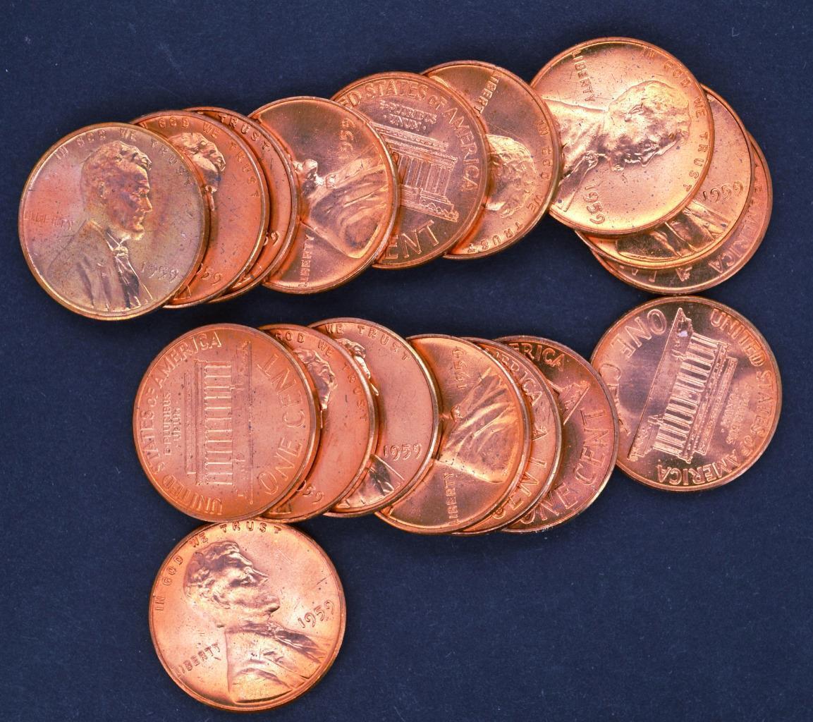 1959 Spectacular Uncirculated Roll of Blazing Copper Lincoln Memorial Cents OBW
