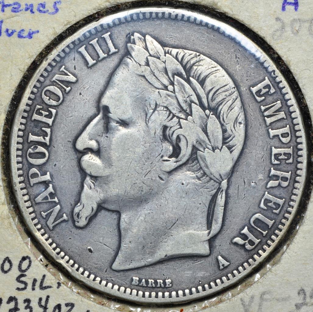 1868 A France, Paris, 5 Francs, 900 Silver, KM# 799.1, Ships Free