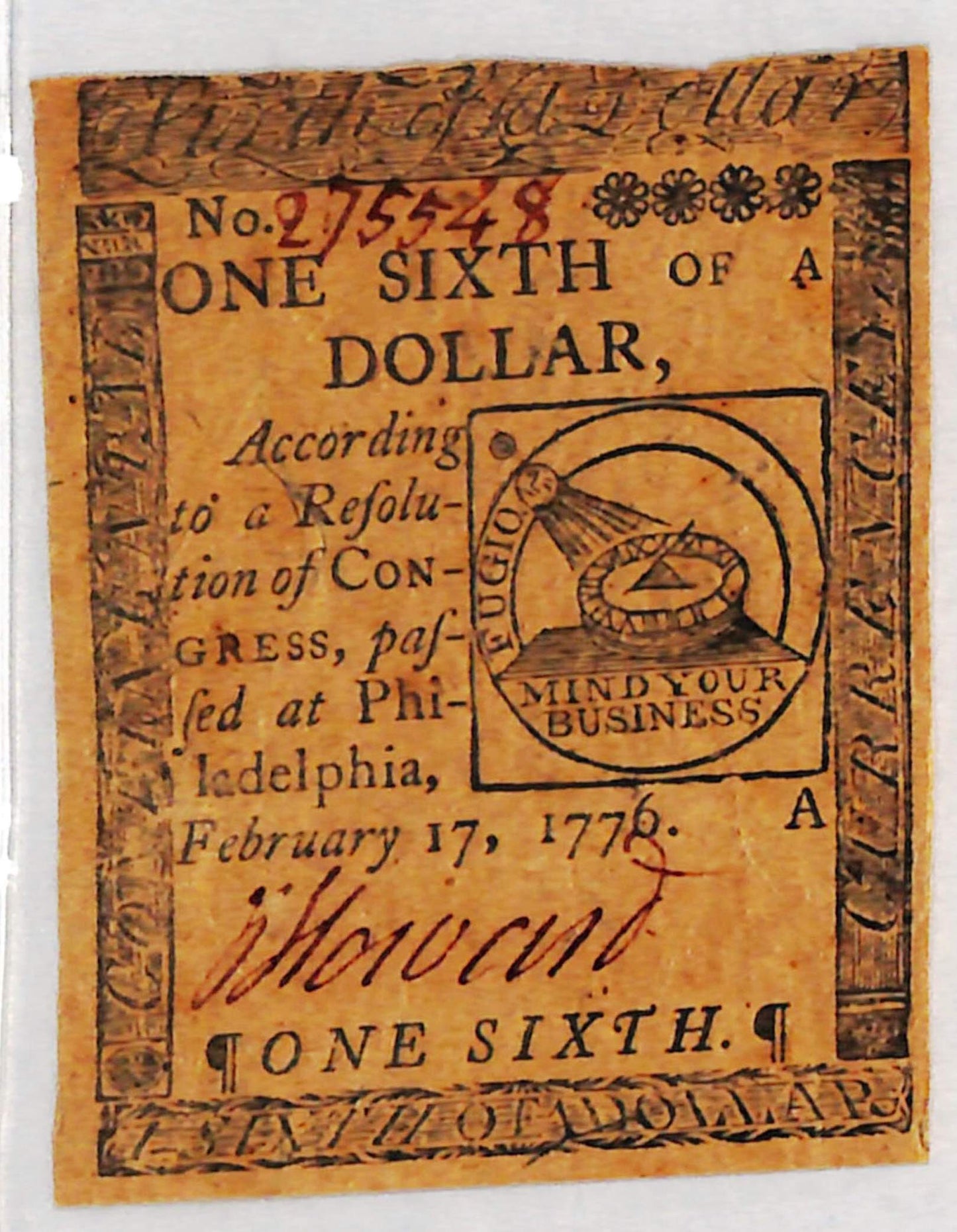 Feb 17 1776 FUGIO CONTINENTAL CURRENCY CC-19 $1/6 DOLLAR-PCGS XF 40